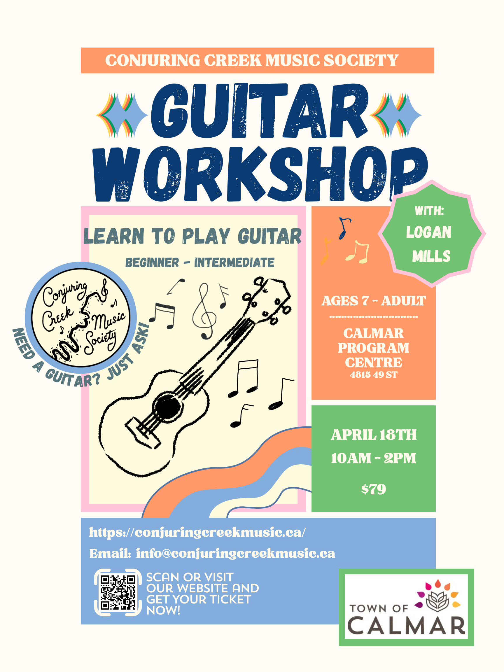 Colourful poster including the details for the guitar workshop as written on this webpage